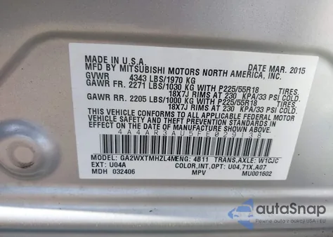 2015 Mitsubishi Outlander Sport Es z USA, uszkodzony, nr VIN 4A4AR3AU5FE029138